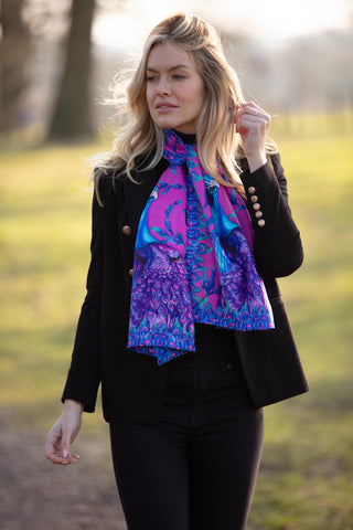 Clare Haggas Pluming Marvellous Fandango Pink Peacock Classic Silk Country Scarf