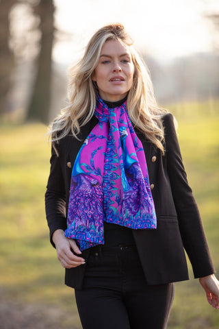 Clare Haggas Pluming Marvellous Fandango Pink Peacock Classic Silk Country Scarf