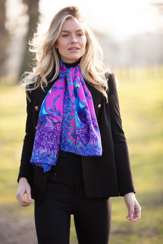 Clare Haggas Pluming Marvellous Fandango Pink Peacock Classic Silk Country Scarf