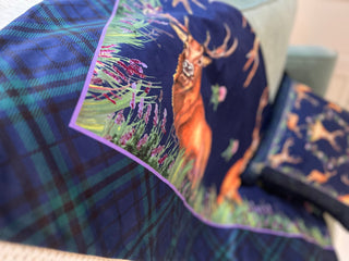 Caledonia Luxury Velvet Stag King Size Blanket Scottish Throw in Navy cotton fringing close up