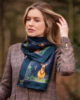 Caledonia Navy Blue Narrow Pure Silk Scarf