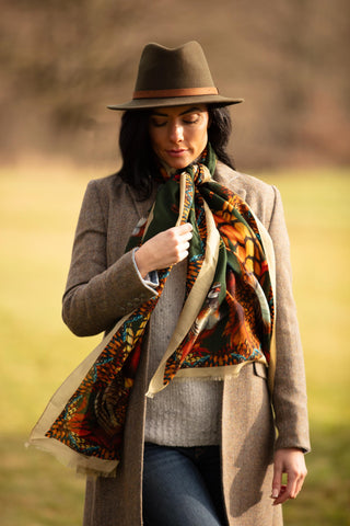 Heads or Tails Khaki Green Wool Silk Wrap Scarf