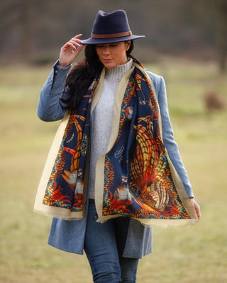 Heads or Tails Navy Blue Wool Silk Wrap Scarf