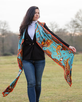 Heads or Tails Duck Egg Blue and Rust Classic Pure Silk Scarf