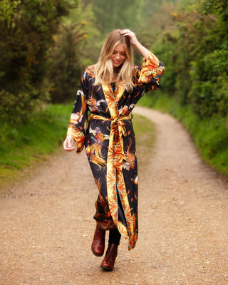 Turf War Long Silk Pheasant Kimono in Black and Gold