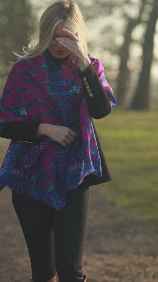 Clare Haggas Pluming Marvellous Fandango Pink Peacock Wool Silk Wrap Country Scarf Video