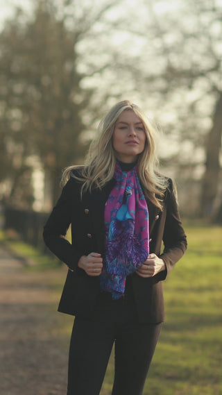 Clare Haggas Pluming Marvellous Fandango Pink Peacock Classic Silk Country Scarf Video